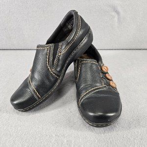 Clarks Collection Soft Cushion, Black, Slip On, Button Accent, Size 7, Leather